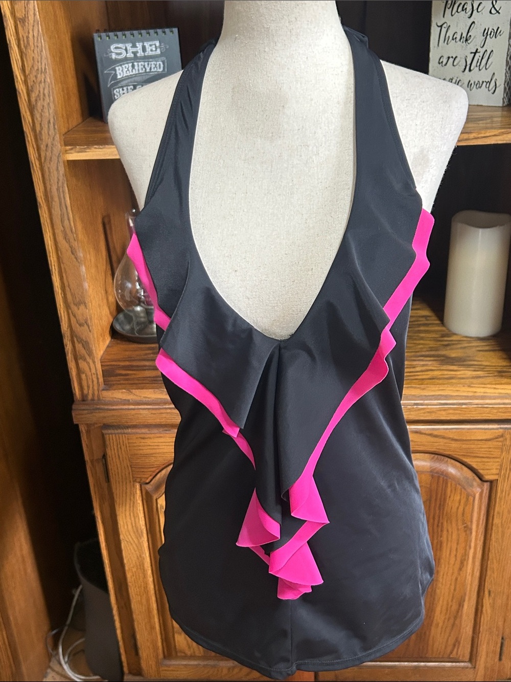 Tropical Escape Black Halter Swim Top with Hot Pink Ruffle Size 8